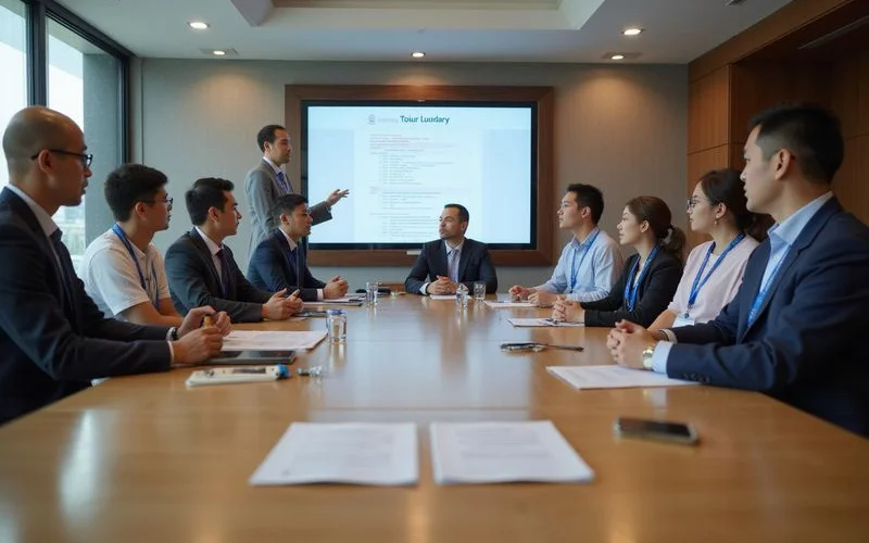 A group of colleagues in business casual attire being briefed by a tour coordinator before a corporate team activity in Kuala Lumpur