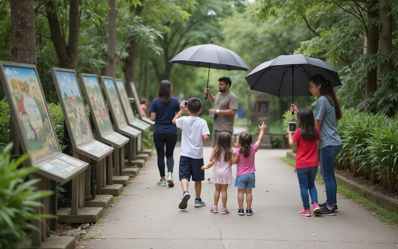A family with two young children exploring a stop on a Kuala Lumpur city tour together with a guide nearby