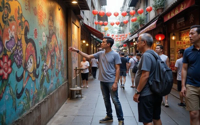 A tour guide pointing out a landmark to a small group of travellers during a Kuala Lumpur city tour stop