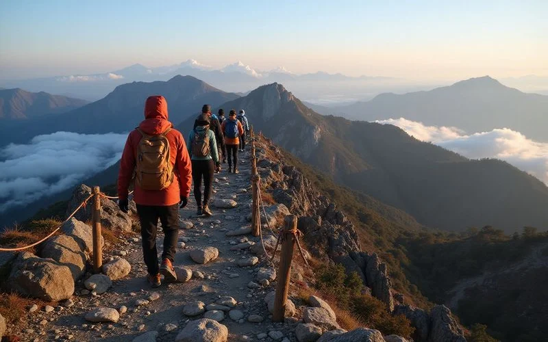 Hikers with backpacks and trekking poles ascending a mountain trail toward Mount Kinabalu's summit at sunrise
