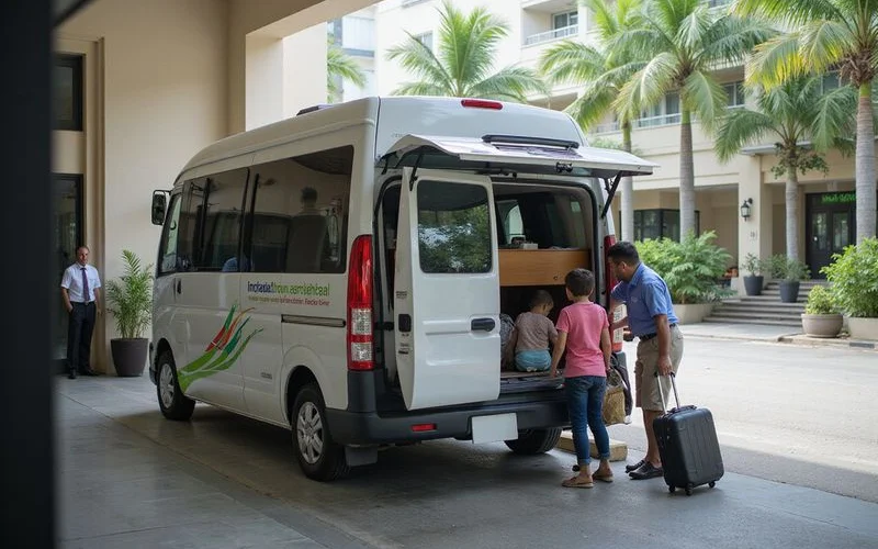 A small tour group boarding a private van outside a hotel in Kuala Lumpur with a driver loading luggage
